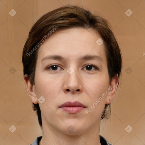 Neutral white young-adult female with medium  brown hair and brown eyes