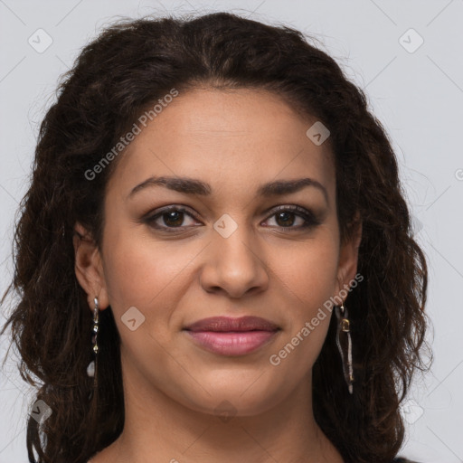 Joyful latino young-adult female with long  brown hair and brown eyes