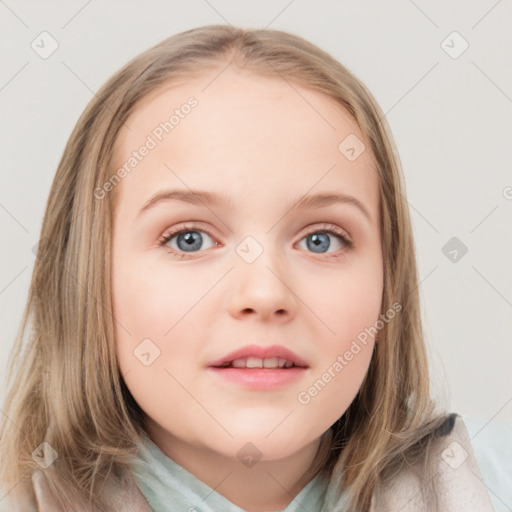 Neutral white child female with medium  brown hair and blue eyes