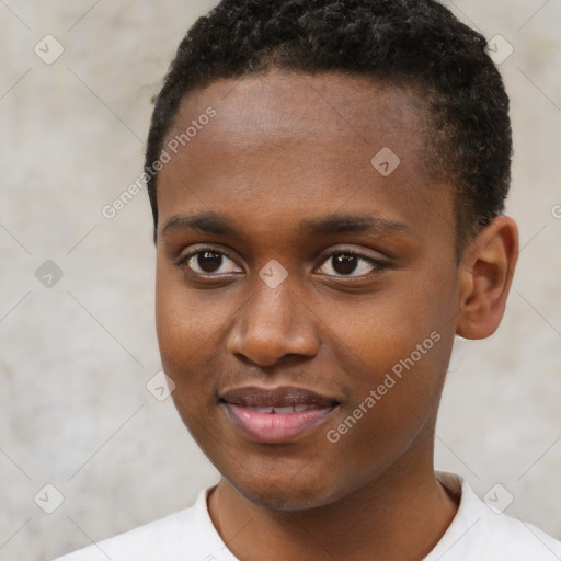 Joyful black young-adult male with short  brown hair and brown eyes