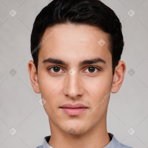 Neutral white young-adult male with short  black hair and brown eyes