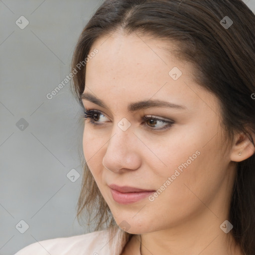 Neutral white young-adult female with medium  brown hair and brown eyes