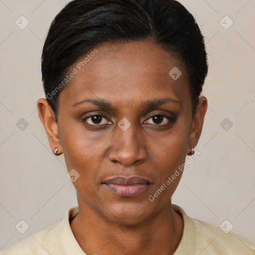 Neutral black young-adult female with short  black hair and brown eyes