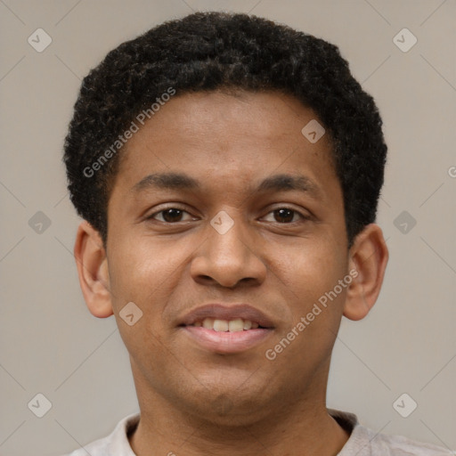 Joyful latino young-adult male with short  brown hair and brown eyes