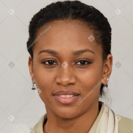 Joyful latino young-adult female with short  brown hair and brown eyes