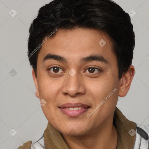 Joyful asian young-adult male with short  brown hair and brown eyes