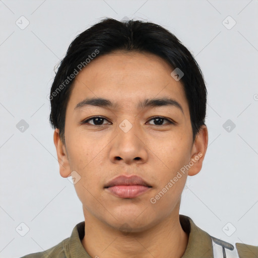 Neutral latino young-adult male with short  black hair and brown eyes