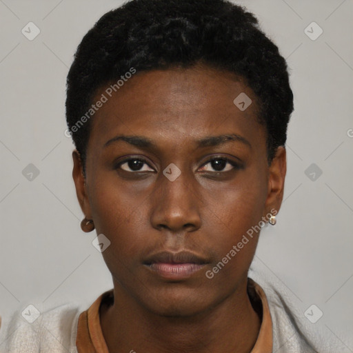 Neutral black young-adult female with short  black hair and brown eyes