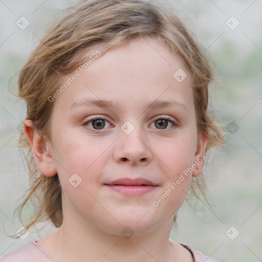 Joyful white child female with medium  brown hair and blue eyes