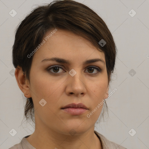 Neutral white young-adult female with medium  brown hair and brown eyes