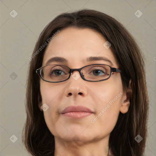 Joyful white young-adult female with medium  brown hair and green eyes