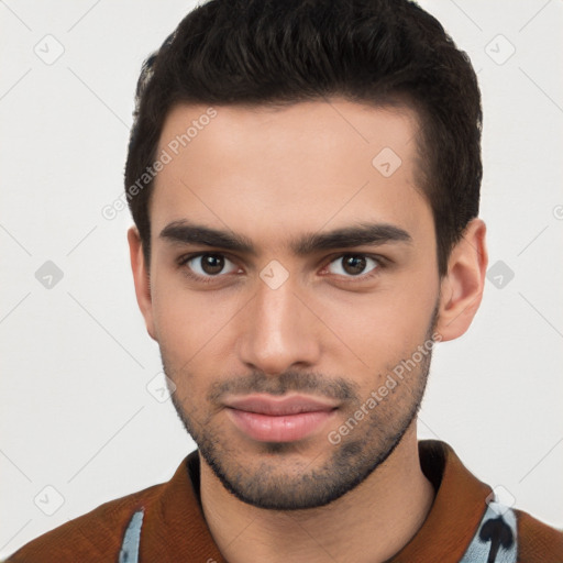 Neutral white young-adult male with short  brown hair and brown eyes