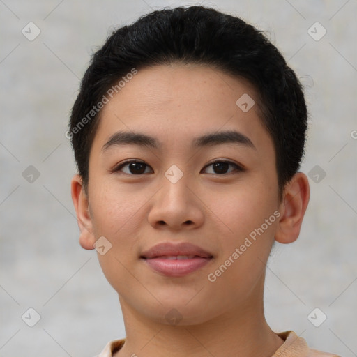 Joyful asian young-adult female with short  brown hair and brown eyes