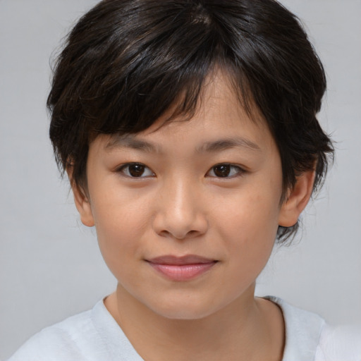 Joyful white child female with medium  brown hair and brown eyes