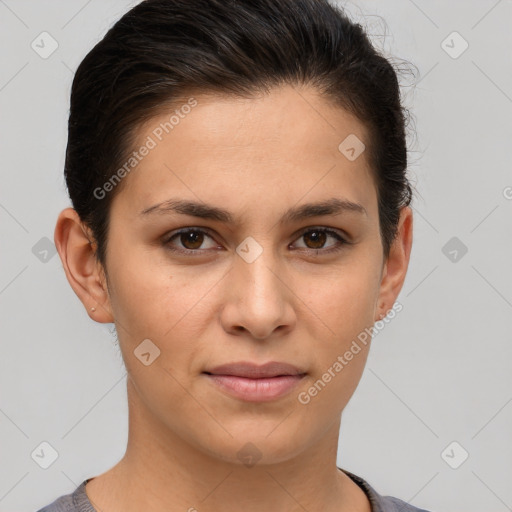 Joyful white young-adult female with short  brown hair and brown eyes