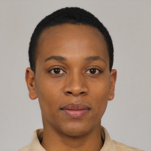 Neutral black young-adult female with short  black hair and brown eyes