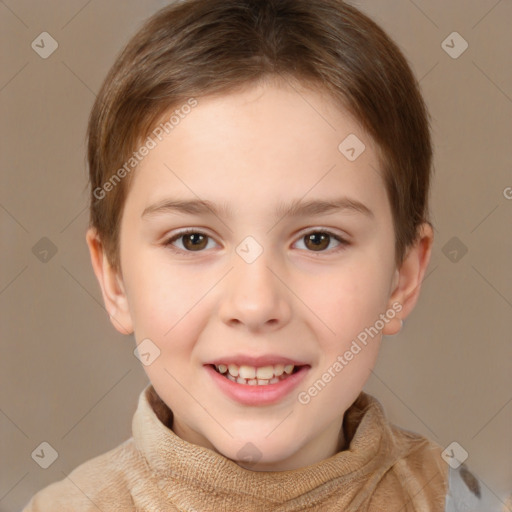 Joyful white child female with short  brown hair and brown eyes