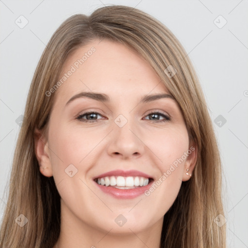 Joyful white young-adult female with long  brown hair and grey eyes