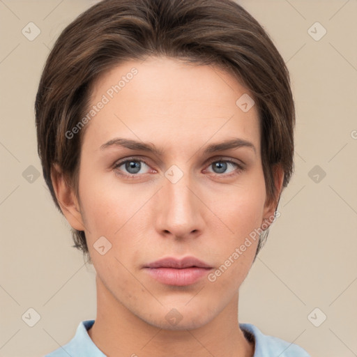 Neutral white young-adult female with short  brown hair and brown eyes