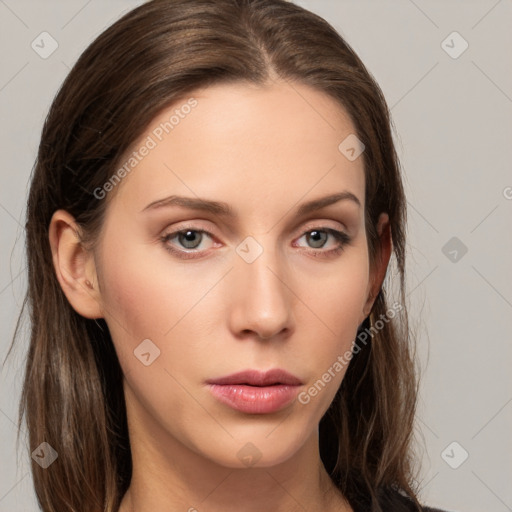 Neutral white young-adult female with medium  brown hair and grey eyes