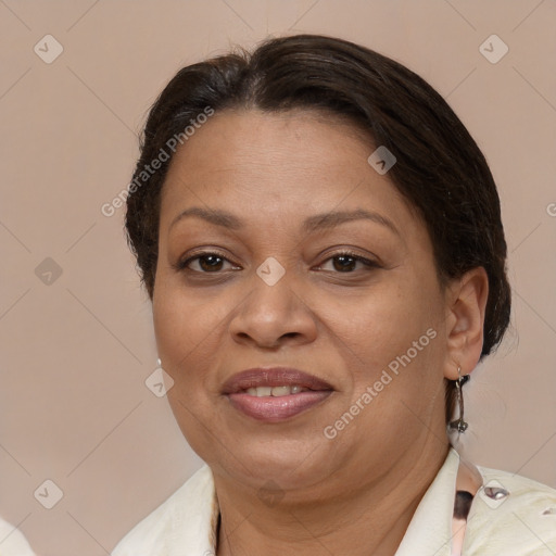 Joyful white adult female with short  brown hair and brown eyes