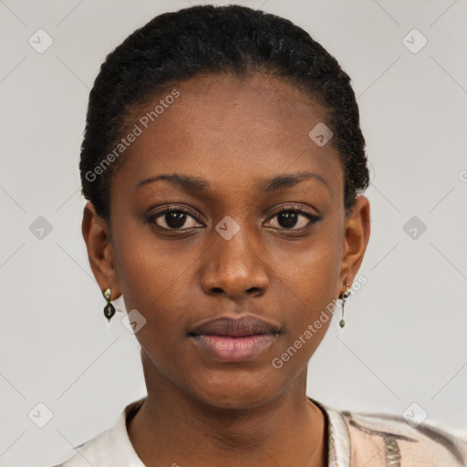 Neutral black young-adult female with short  black hair and brown eyes