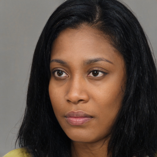 Neutral asian young-adult female with long  black hair and brown eyes