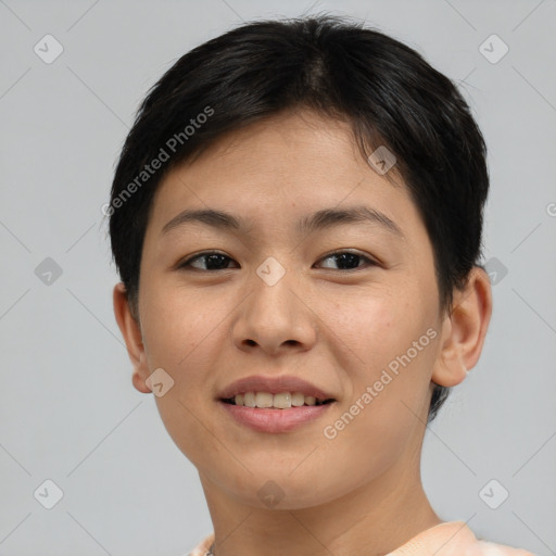 Joyful asian young-adult female with short  brown hair and brown eyes