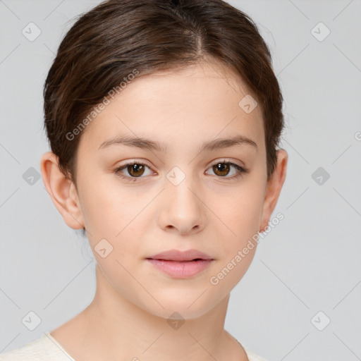 Joyful white child female with short  brown hair and brown eyes