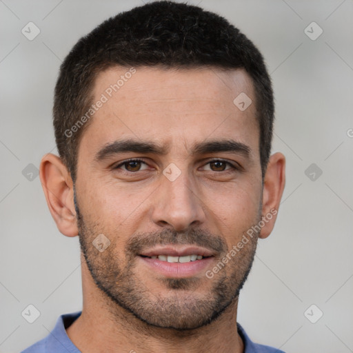 Joyful white young-adult male with short  brown hair and brown eyes