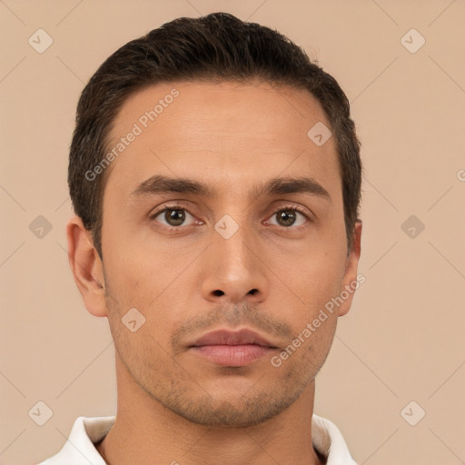 Neutral white young-adult male with short  brown hair and brown eyes