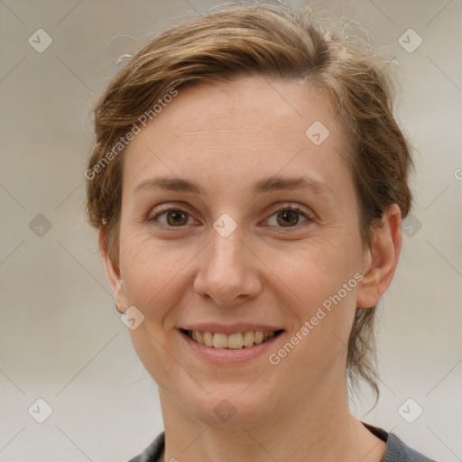 Joyful white adult female with medium  brown hair and grey eyes