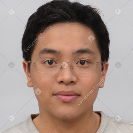 Neutral asian young-adult male with short  brown hair and brown eyes