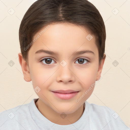 Joyful white child female with short  brown hair and brown eyes