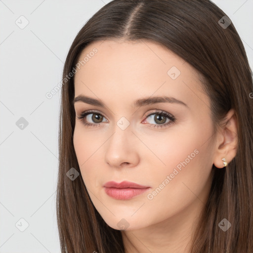 Neutral white young-adult female with long  brown hair and brown eyes