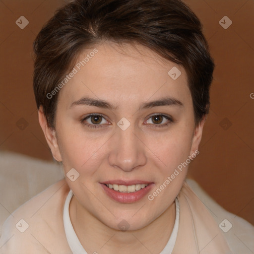 Joyful white young-adult female with medium  brown hair and brown eyes