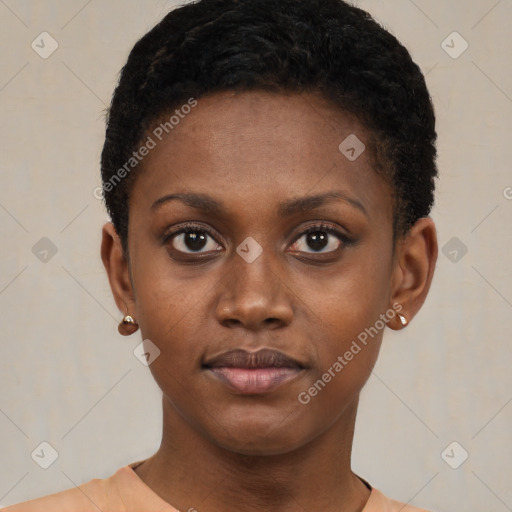 Neutral black young-adult female with short  black hair and brown eyes