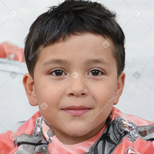 Joyful white child male with short  brown hair and brown eyes