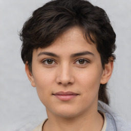 Neutral white young-adult female with short  brown hair and brown eyes