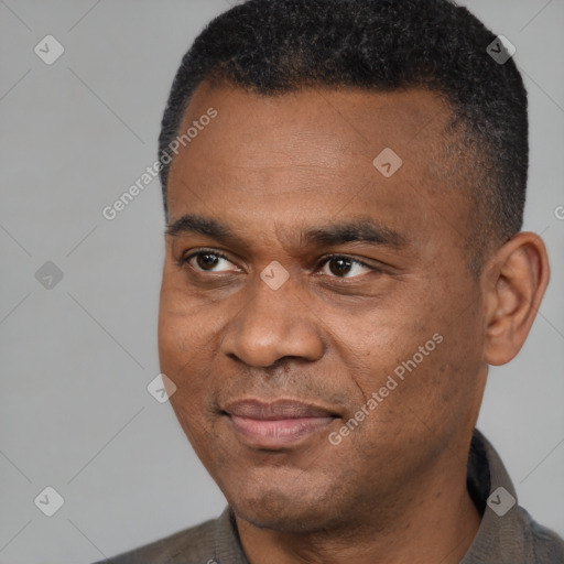 Joyful black young-adult male with short  black hair and brown eyes