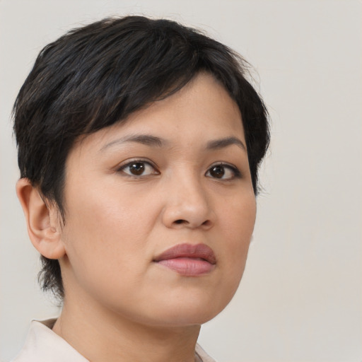 Neutral asian young-adult female with short  brown hair and brown eyes