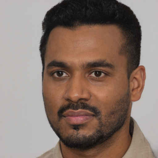 Neutral black young-adult male with short  black hair and brown eyes