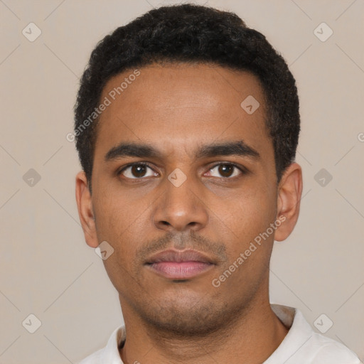 Neutral latino young-adult male with short  black hair and brown eyes