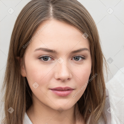 Neutral white young-adult female with medium  brown hair and brown eyes