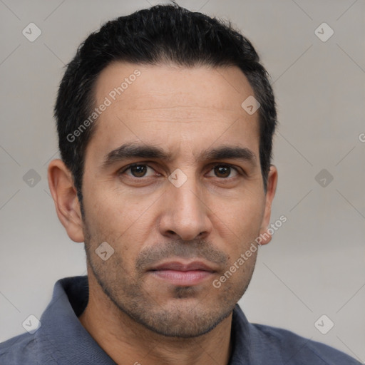 Neutral white young-adult male with short  black hair and brown eyes
