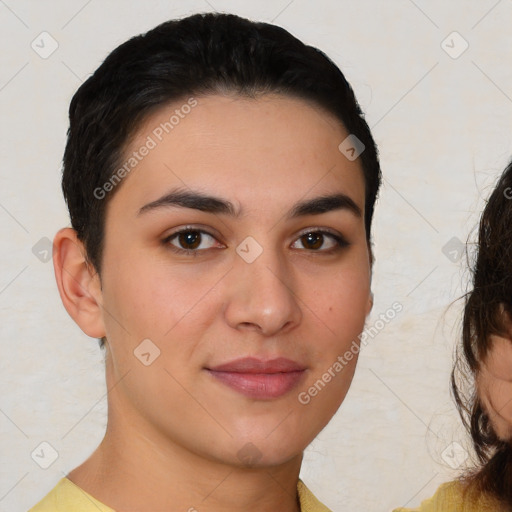 Joyful white young-adult female with short  brown hair and brown eyes