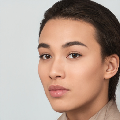 Neutral white young-adult female with short  brown hair and brown eyes