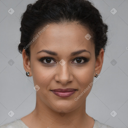 Joyful latino young-adult female with short  brown hair and brown eyes