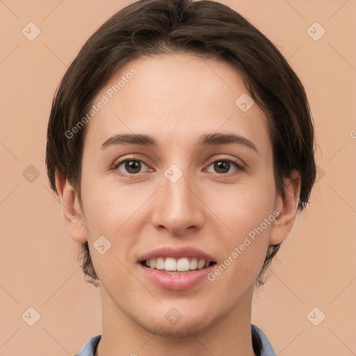 Joyful white young-adult female with medium  brown hair and brown eyes