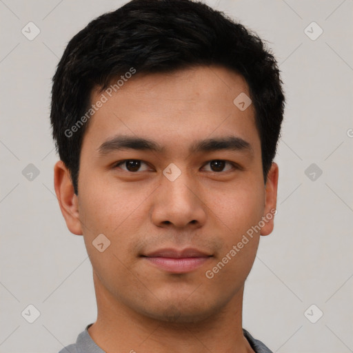 Neutral asian young-adult male with short  black hair and brown eyes